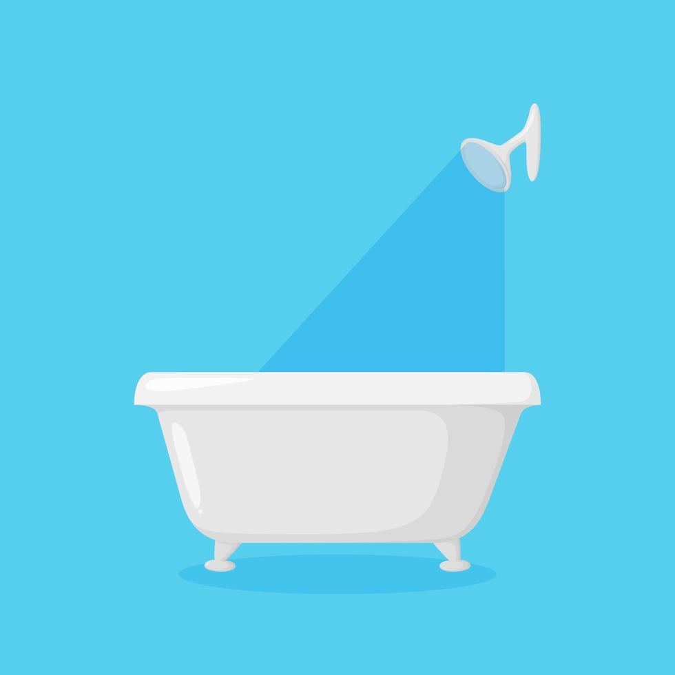 Bathtub for bathroom with shower anf falling water. White modern tub isolated in blue background. Vector illustration