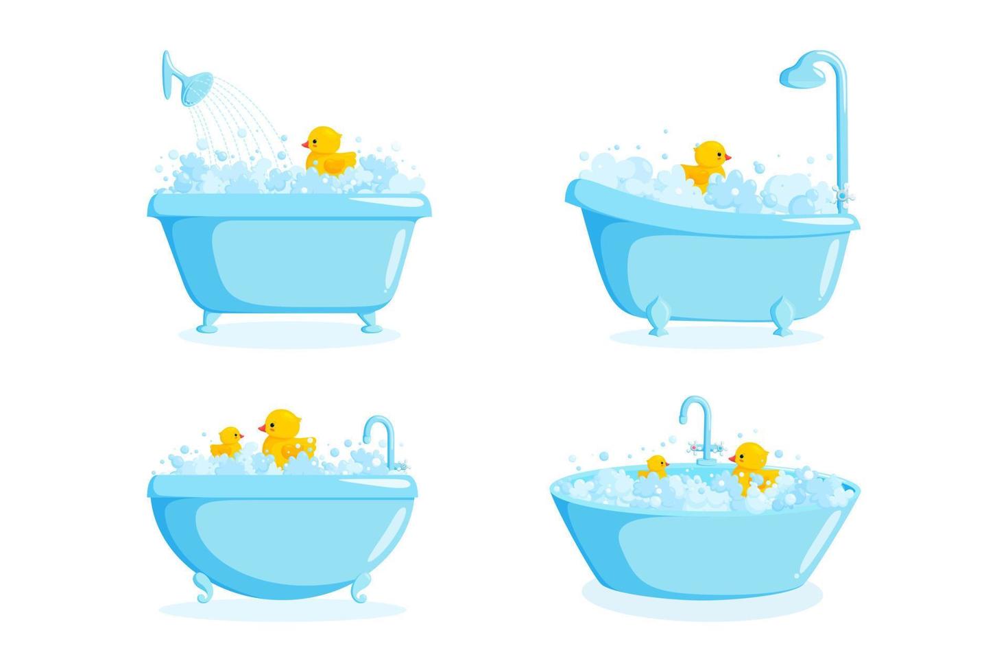 Bathtub with faucet and shower equipment. Set of different tubs with rubber ducks, bubbles and suds isolated on white background. Vector illustration