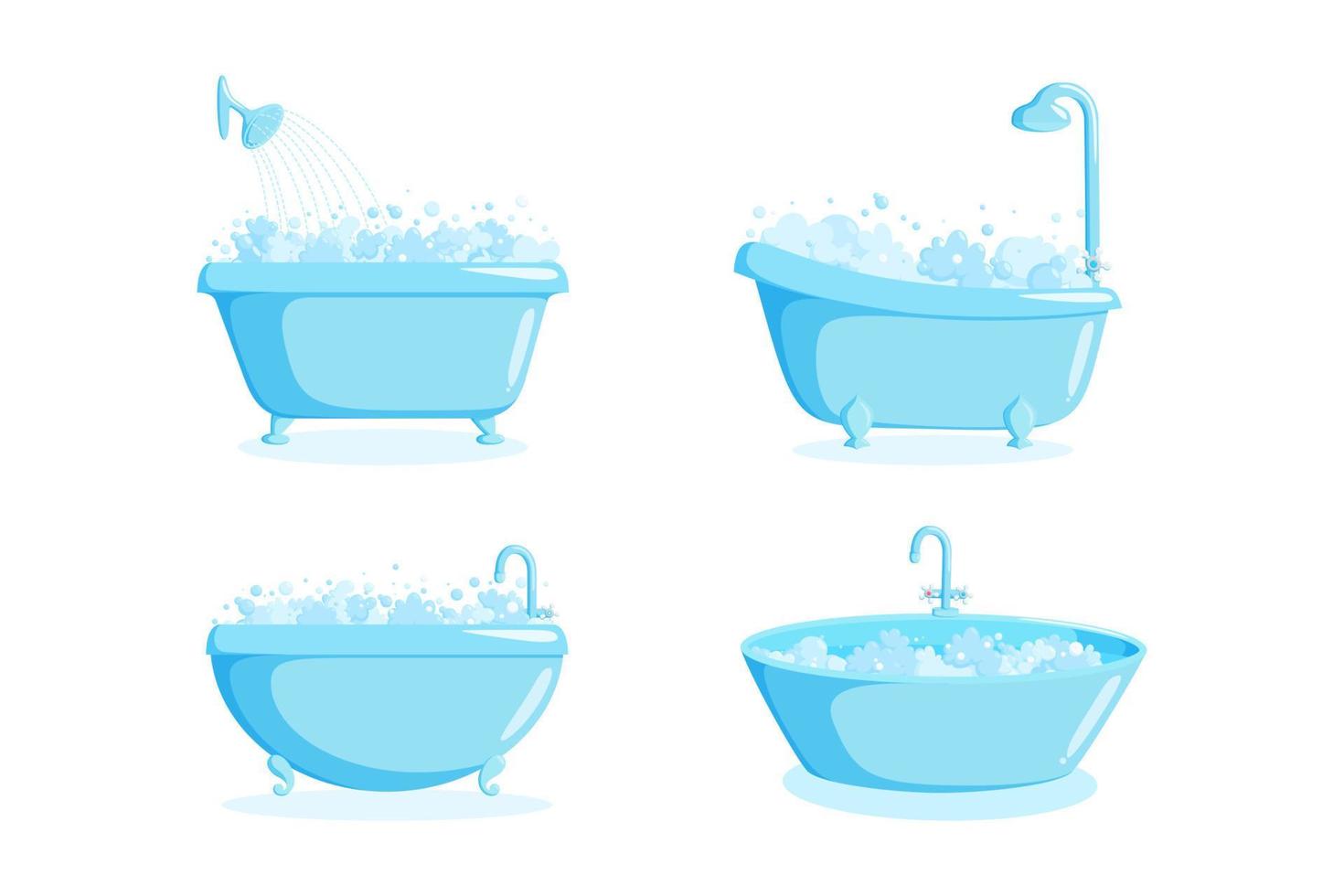 Bathtub with faucet and shower equipment. Set of different tubs with bubbles and suds isolated on white background. Vector illustration