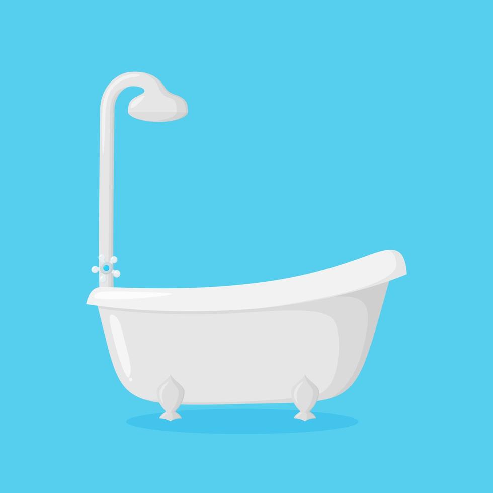 Bathtub with shower equipment. Clawfoot tub isolated in blue background. Vector illustration