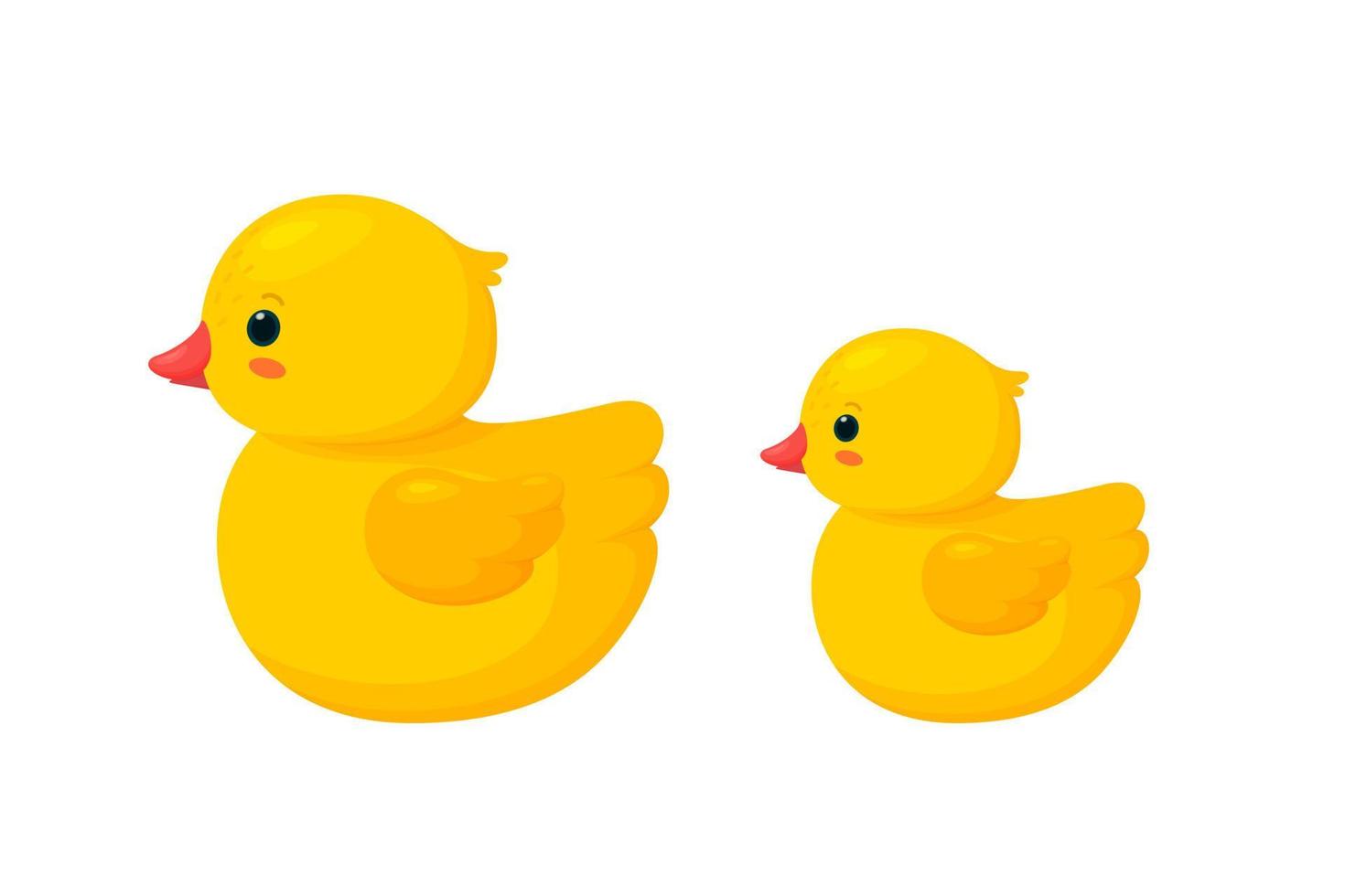 Rubber duck family isolated in white background. Side view of yellow plastic duck toys, parent and baby. Vector illustration