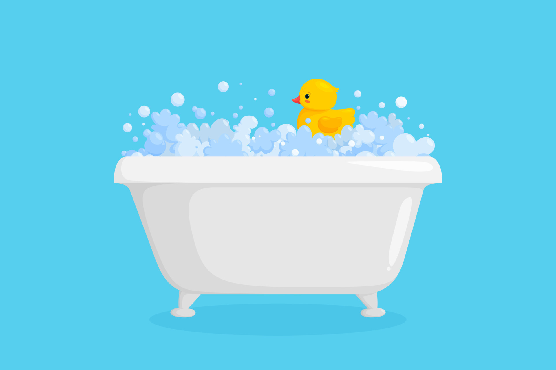 Bathtub with rubber duck in suds. Yellow duck in bubbles and foam