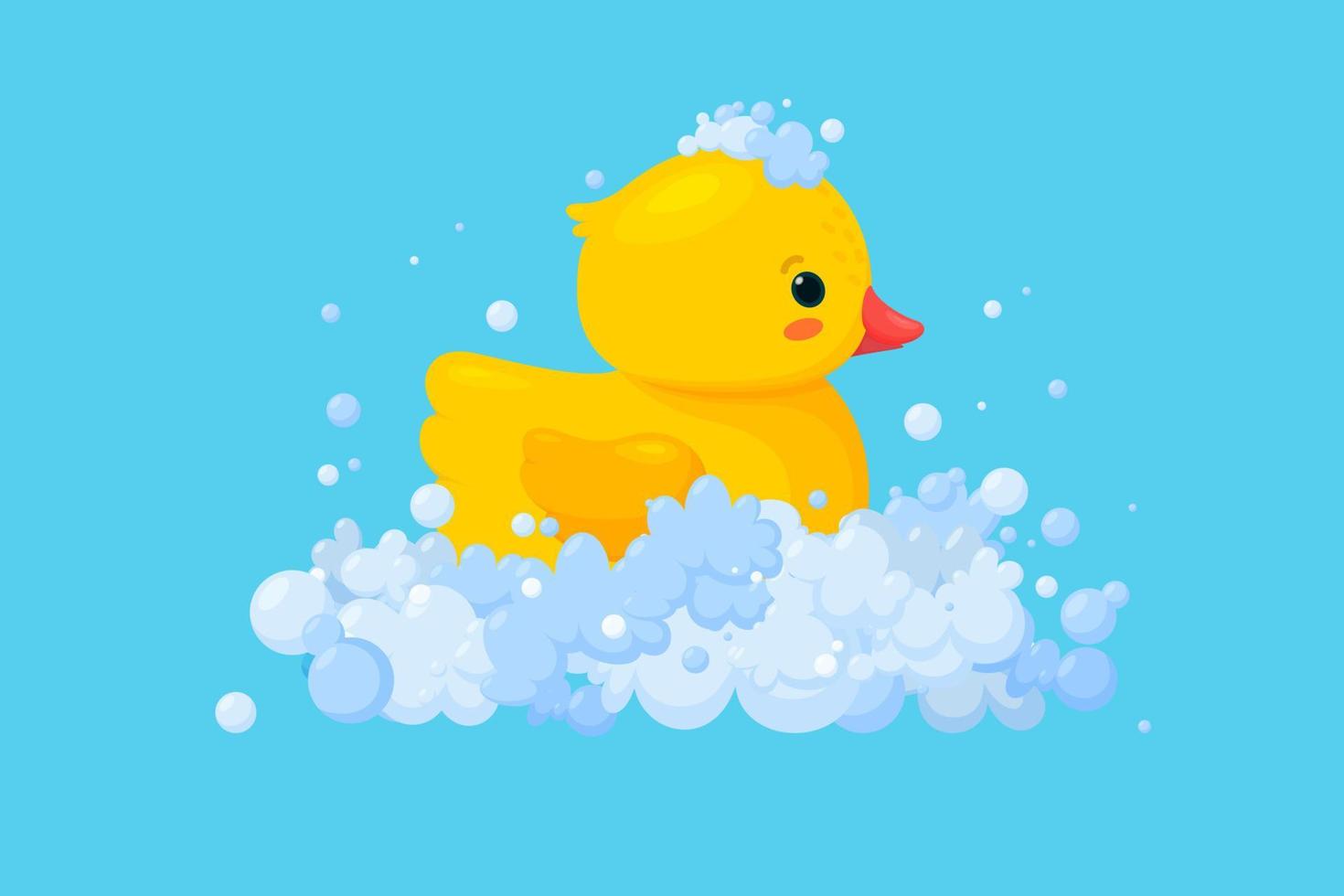 Rubber duck in soap foam with bubbles isolated in blue background. Side view of yellow plastic duckling toy in suds. Vector illustration