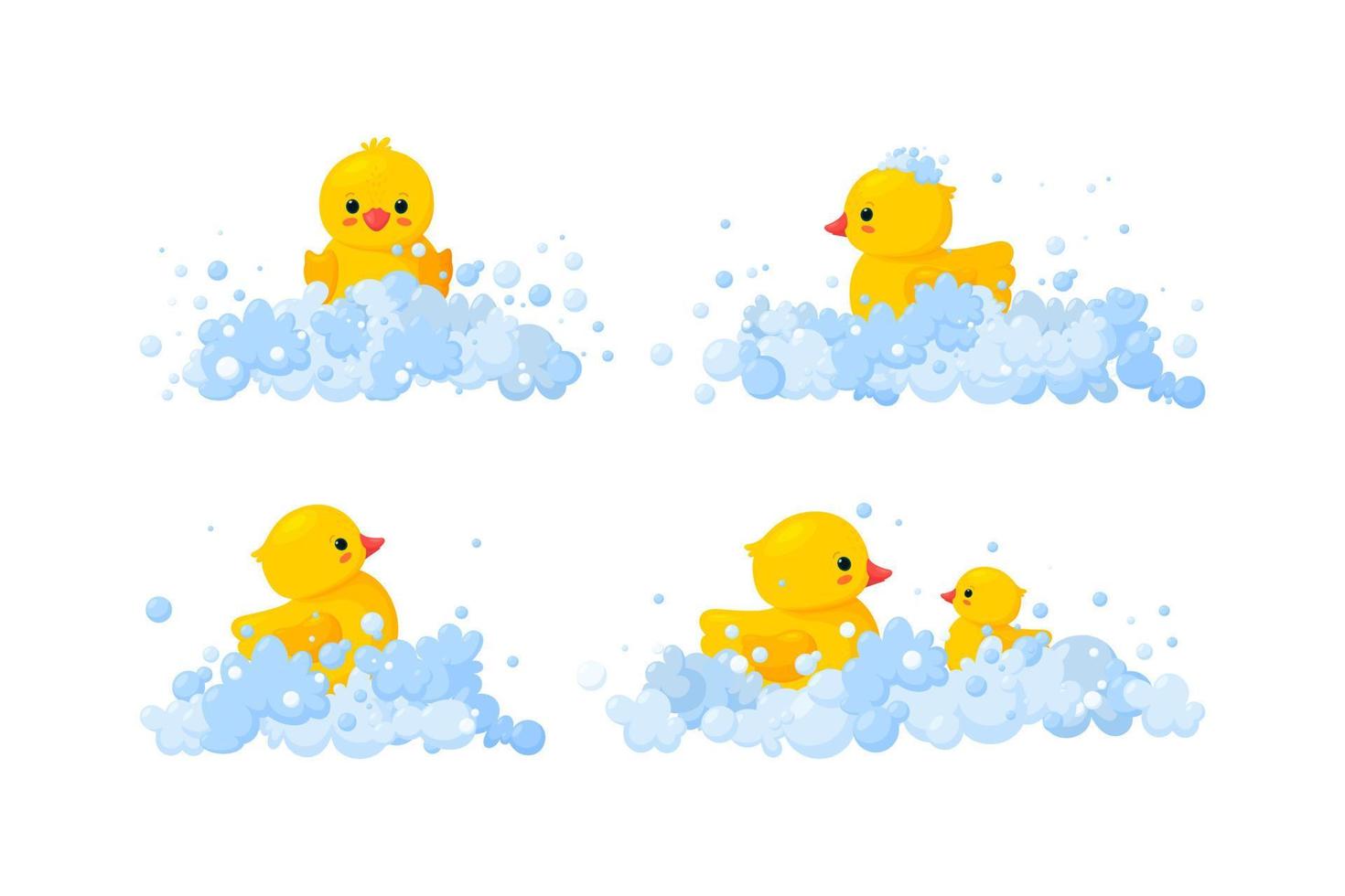 Rubber duck family in soap foam isolated in white background. Set of yellow plastic duck toys in suds, parent and baby. Vector illustration