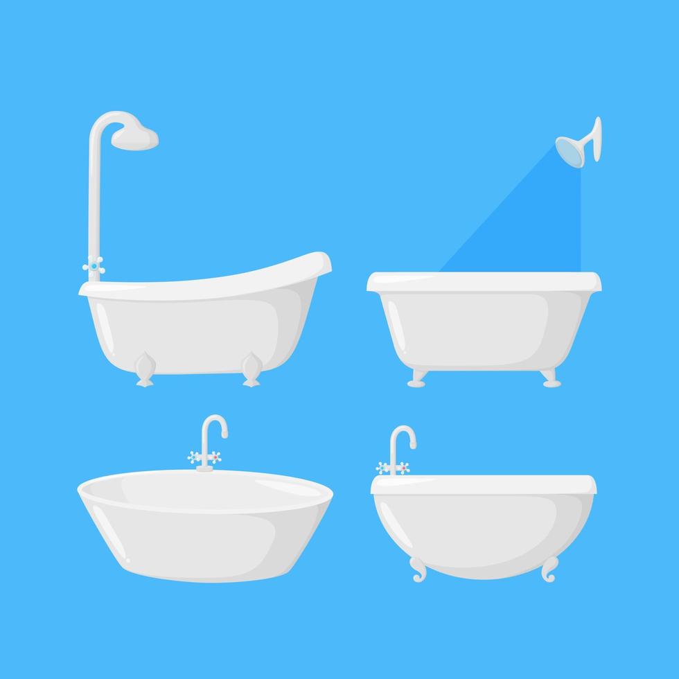 Bathtubs for bathroom with shower and faucet equipment. Set of four tubs isolated in blue background. Vector illustration