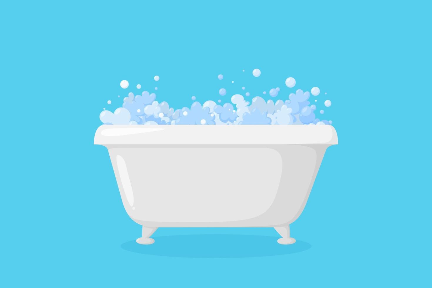 Bathtub with foam. Bubbles and suds in the tub ready for relax bathing isolated in blue background. Vector illustration