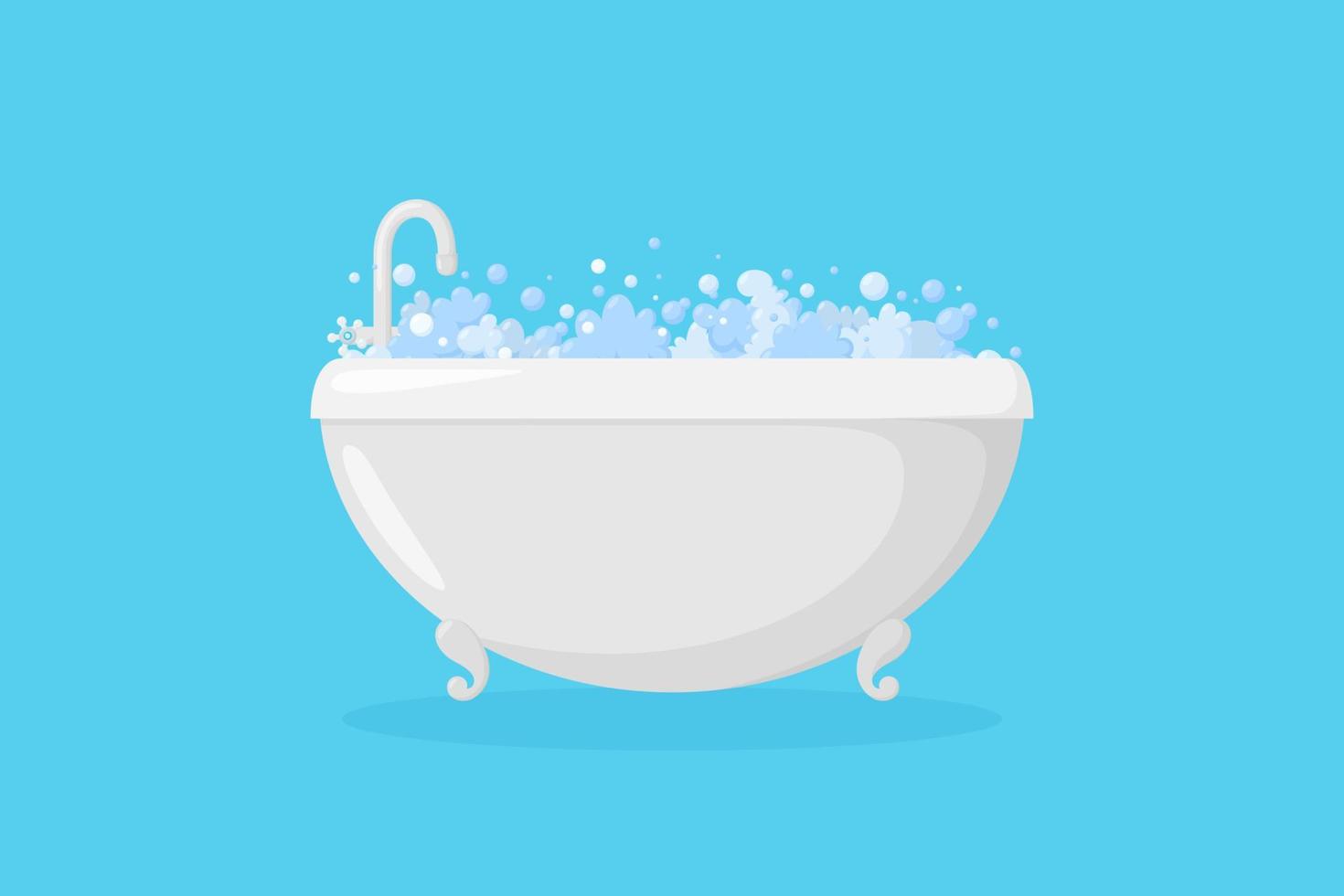 Ellipse bathtub with relax foam and bubbles. Tub with faucet. Vector illustration