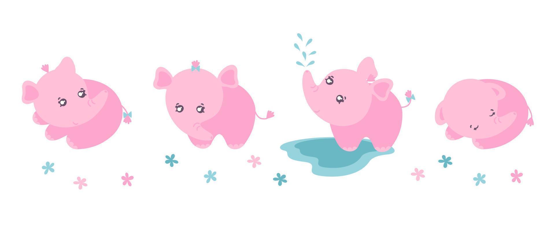 Set of cute little elephants. Clipart with pink elephants for children products designs. Vector illustration.