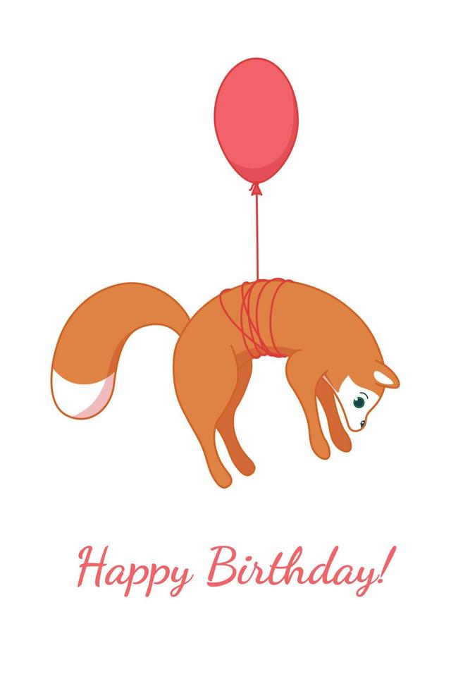 Fox flying on balloon. Happy birthday card. Vector illustration