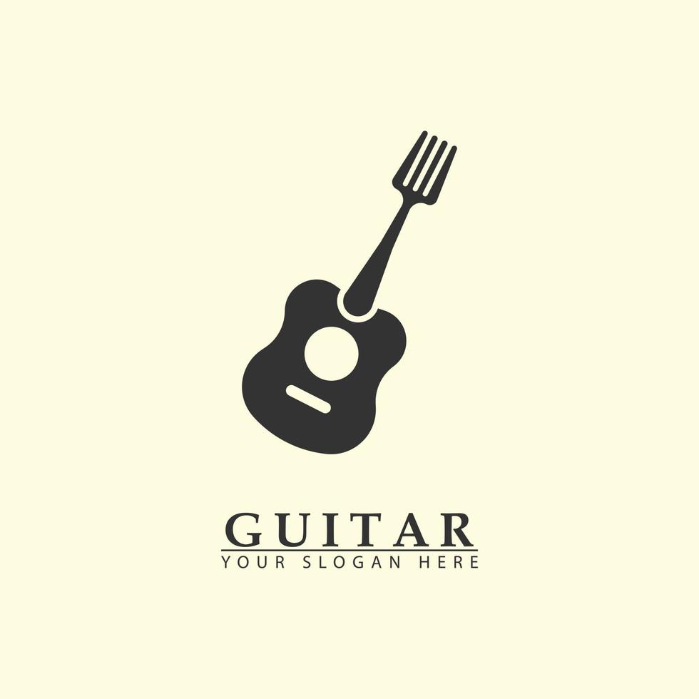 combinación de guitarra acústica e ícono del logo de la horquilla. vector