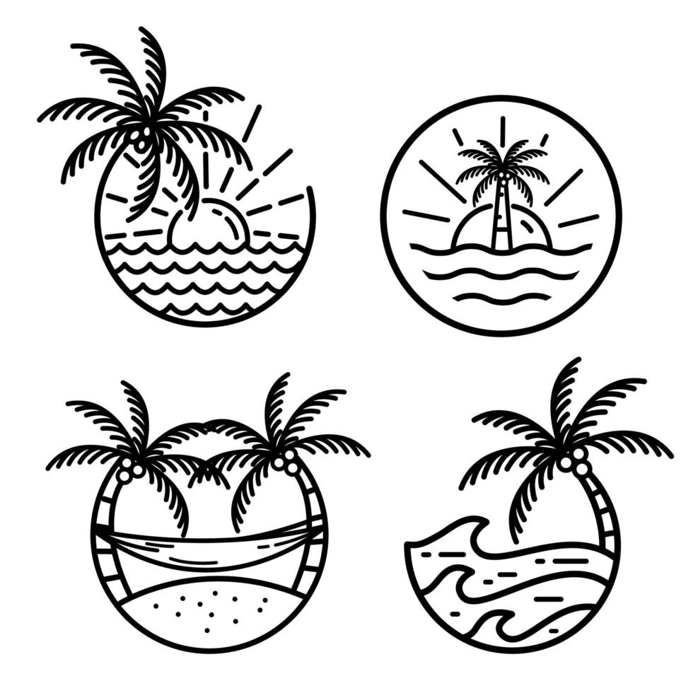 conjunto de isla tropical de olas oceánicas y icono de plantilla de ilustración de vector de arte de línea de logotipo de palmera.