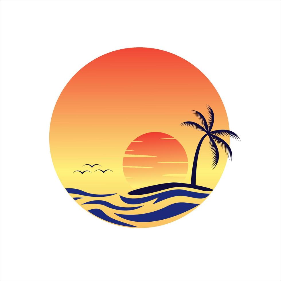 Landscape of paradise tropical island beach, sunrise sunset. Tranquil beach scene with palm trees vector illustration