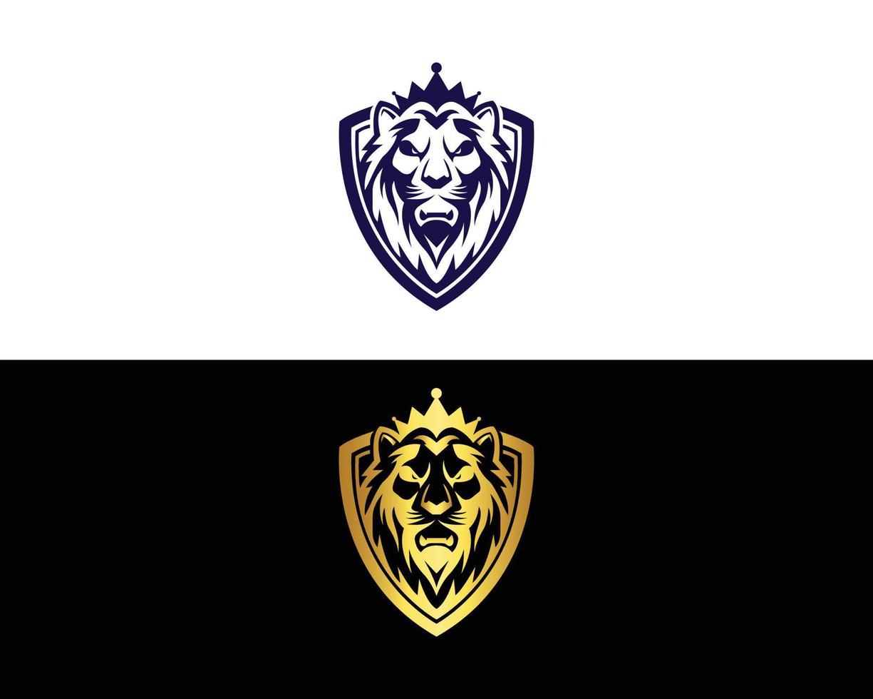 diseño de logotipo de escudo de león real de lujo premium con ilustración de vector de insignia de cabeza de animal rey.