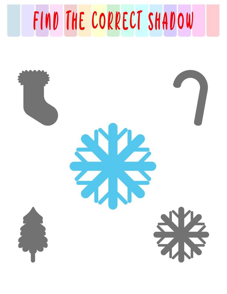 Find the right shadow. Cute christmas snowflake. Educational game with snowflake. Logic games for children with an answer. A training card with a task for preschool and kindergarten children. vector