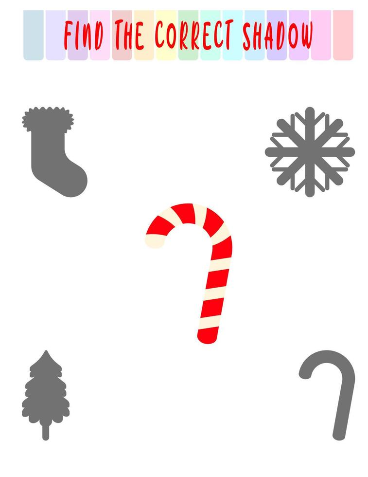 Find the right shadow. Cute christmas candy. Educational game with candy. Logic games for children with an answer. A training card with a task for preschool and kindergarten children. vector
