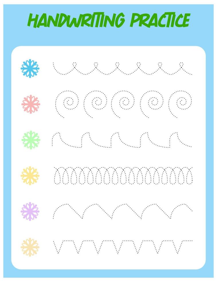 Tracing lines with snowflake. Handwriting practice for children.Practicing fine motor skills. Educational game for preschool kids. Vector illustration