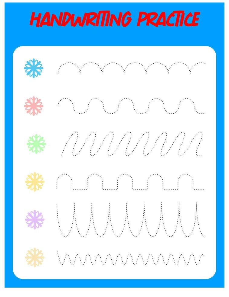 Tracing lines with snowflake. Handwriting practice for children.Practicing fine motor skills. Educational game for preschool kids. Vector illustration