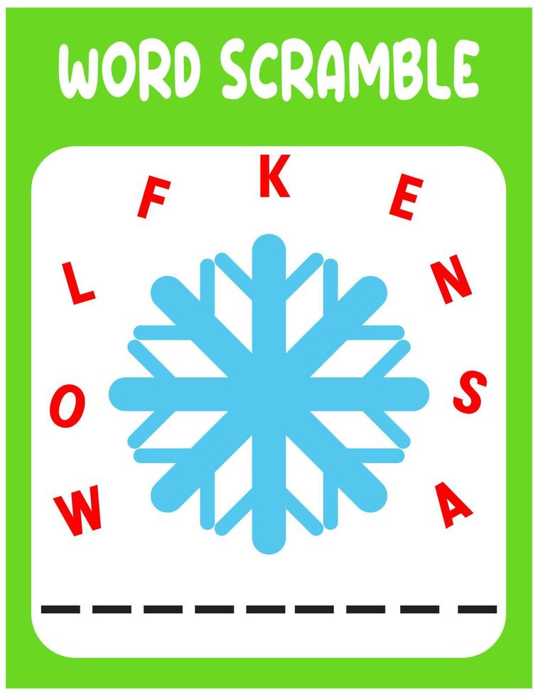 Mezcla de palabras de copos de nieve. juego educativo para niños. hoja de trabajo de ortografía en inglés para niños en edad preescolar vector