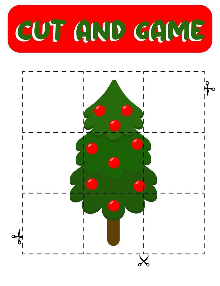 Cut and game christmas tree. Educational children game, printable worksheet.Puzzles with ichristmas tree vector