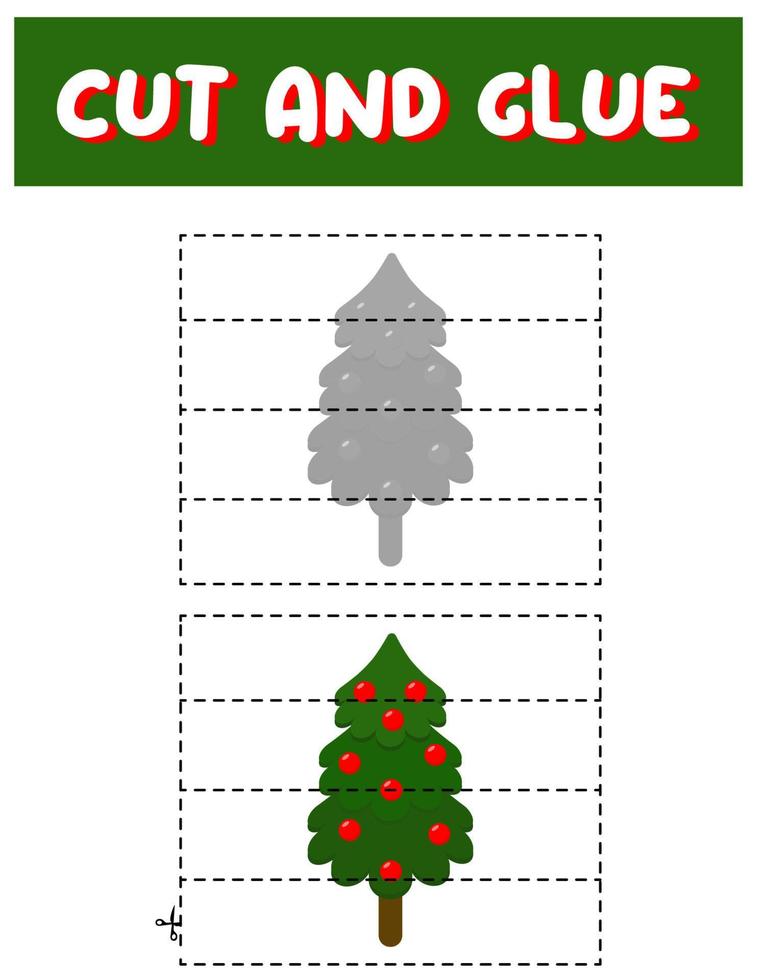 Cut and glue game for kids . Puzzles with an christmas tree. Children funny entertainment and amusement.Vector illustration. Cutting practice for preschoolers. vector