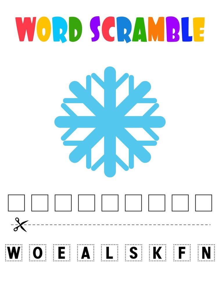 Snowflake Word scramble . Educational game for kids. English language spelling worksheet for preschool children vector