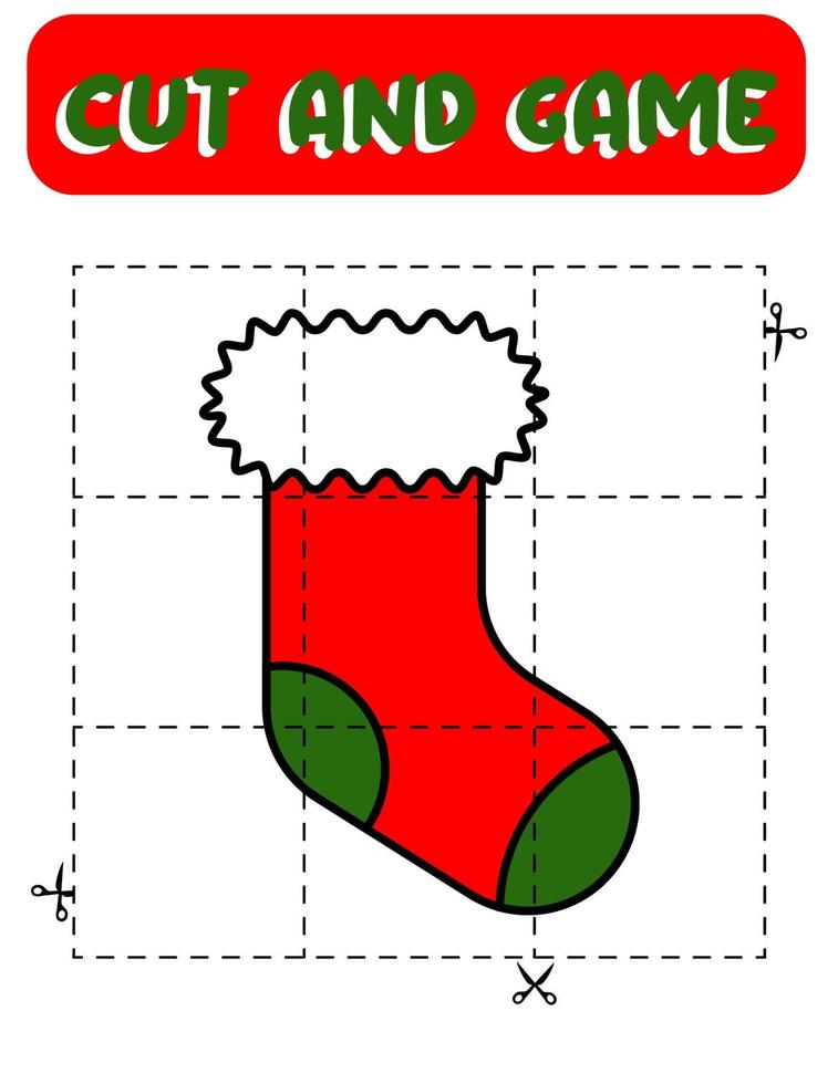 Cut and game christmas sock. Educational children game, printable worksheet.Puzzles with sock. vector