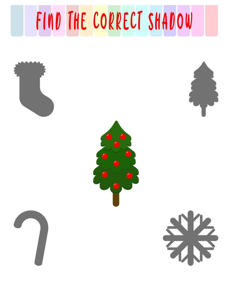 Find the right shadow. Cute christmas tree. Educational game with tree. Logic games for children with an answer. A training card with a task for preschool and kindergarten children. vector