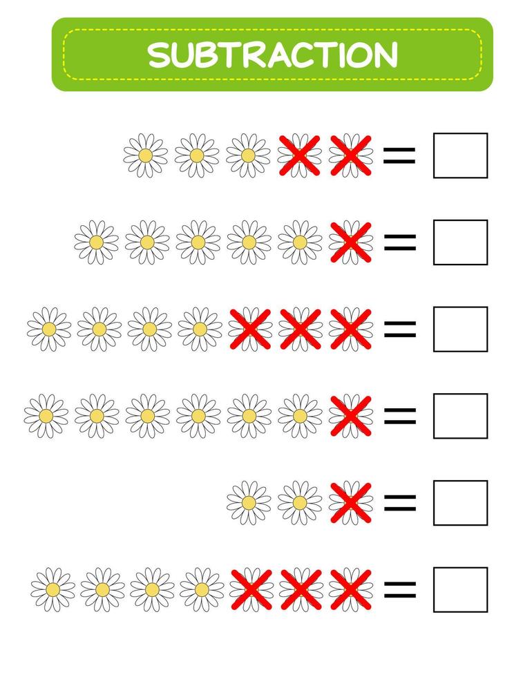 Subtraction.  Math worksheet for kids. Developing numeracy skills. Solve examples and write. Mathematics. Vector illustration.Educational math children game. Subtraction for kids