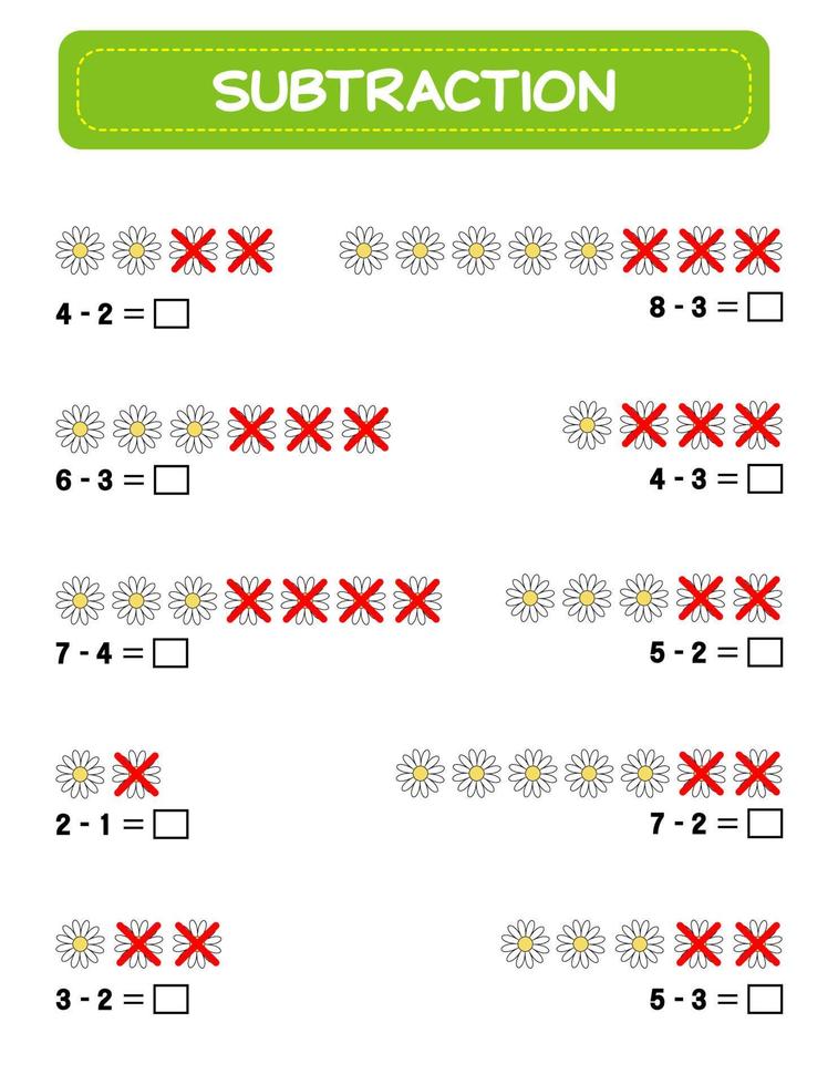 Subtraction.  Math worksheet for kids. Developing numeracy skills. Solve examples and write. Mathematics. Vector illustration.Educational math children game. Subtraction for kids