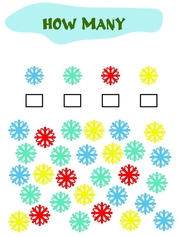 Counting Game for Preschool Children. Educational a mathematical game. Count how many snowflakeand write the result. Math worksheet for kids vector