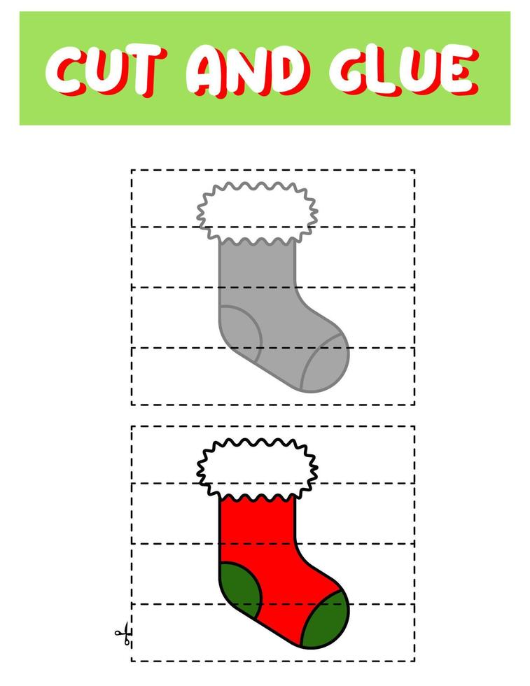 Cut and glue game for kids . Puzzles with an sock. Children funny entertainment and amusement.Vector illustration. Cutting practice for preschoolers. vector