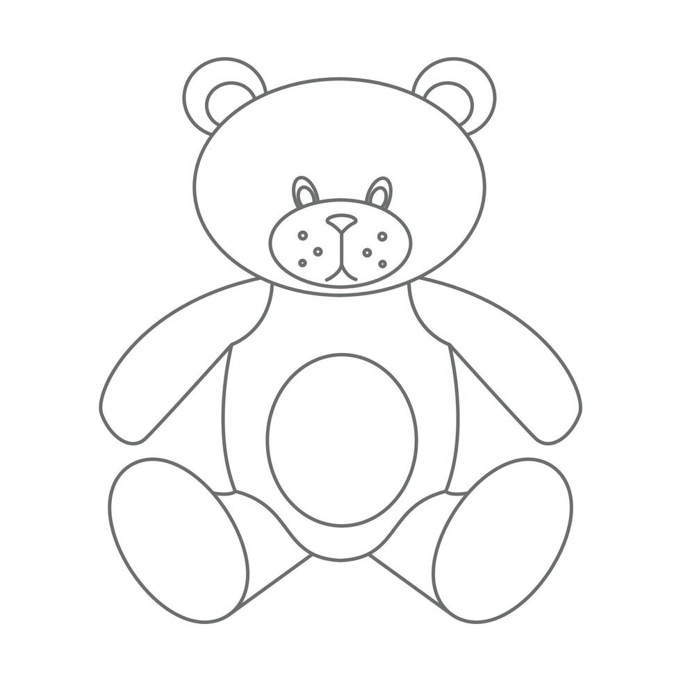 Teddy Bear. Vector illustration of cute little kid Toy in outline style. Drawing in outline style on isolated background in white and black colors. Sketch of object for baby game. Contour engraving.