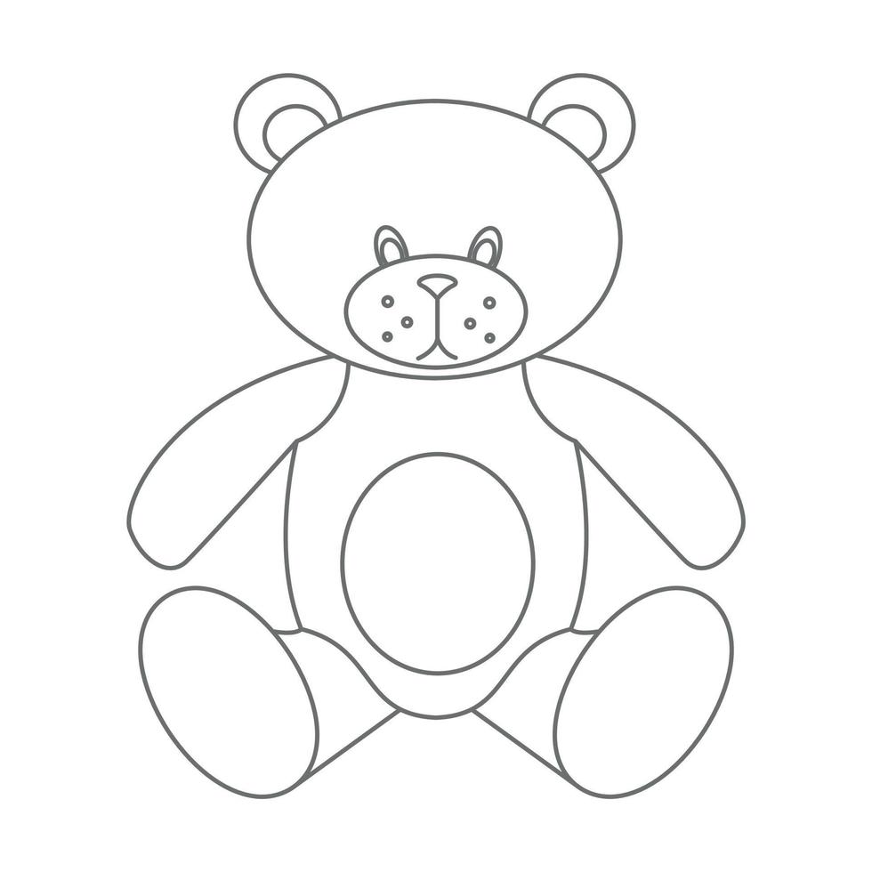 Teddy Bear. Vector illustration of cute little kid Toy in outline style. Drawing in outline style on isolated background in white and black colors. Sketch of object for baby game. Contour engraving.