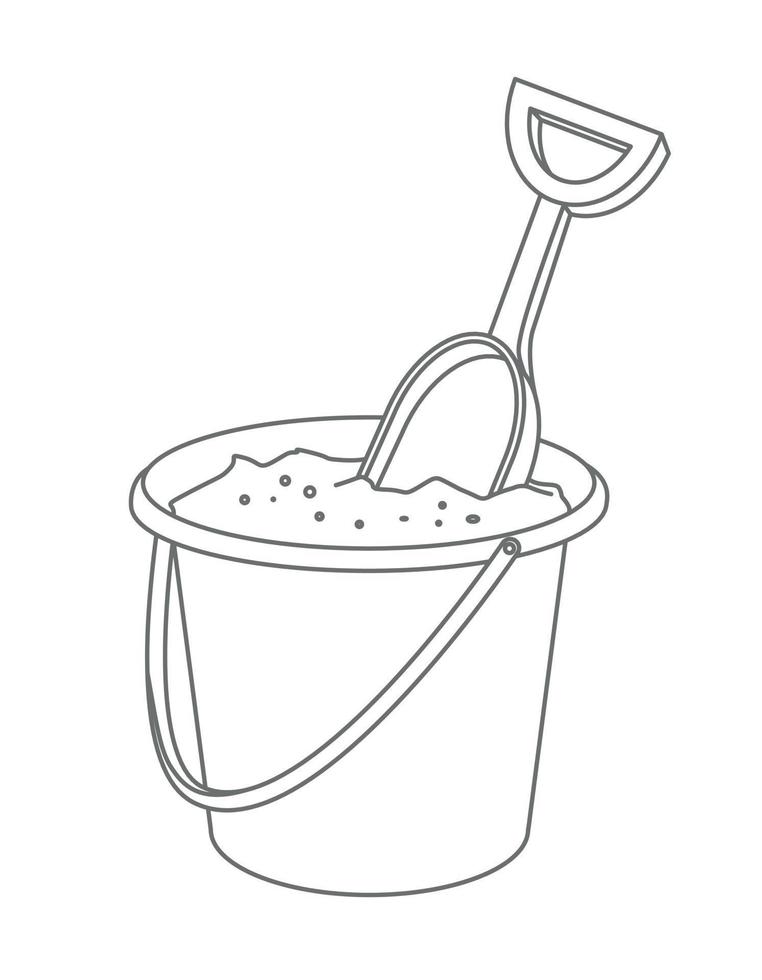 Sand Basket with Pail. Baby Toy in outline style. Vector kid illustration of shovel for sandbox. Drawing for icon or logo on isolated background in black and white colors. Line art sketch.