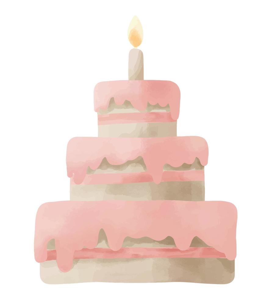 Watercolor hand drawn sweet and tasty Cake for Happy Birthday. Pie in cute pastel beige colors with pink cream and candle for Party or wedding. Dessert on isolated background for greeting cards. vector