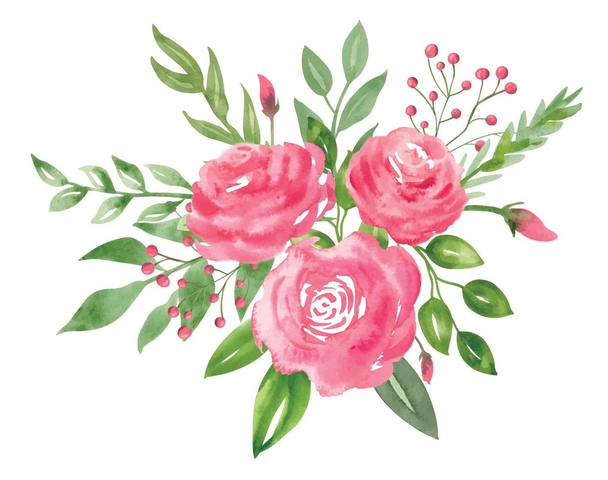 Watercolor abstract Bouquet with Pink Roses and green leaves. Hand drawn floral illustration for greeting cards or invitations on isolated background in vintage style. Botanical decorative composition vector