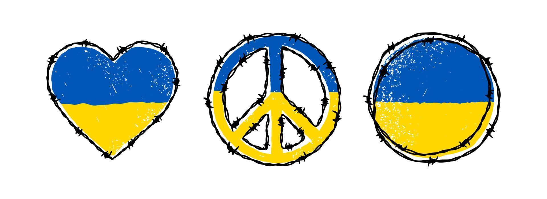 Barbed wire circle, peace sign and heart shapes in Ukrainian flag blue and yellow colors. Hand drawn vector illustration in sketch style. Save Ukraine concept