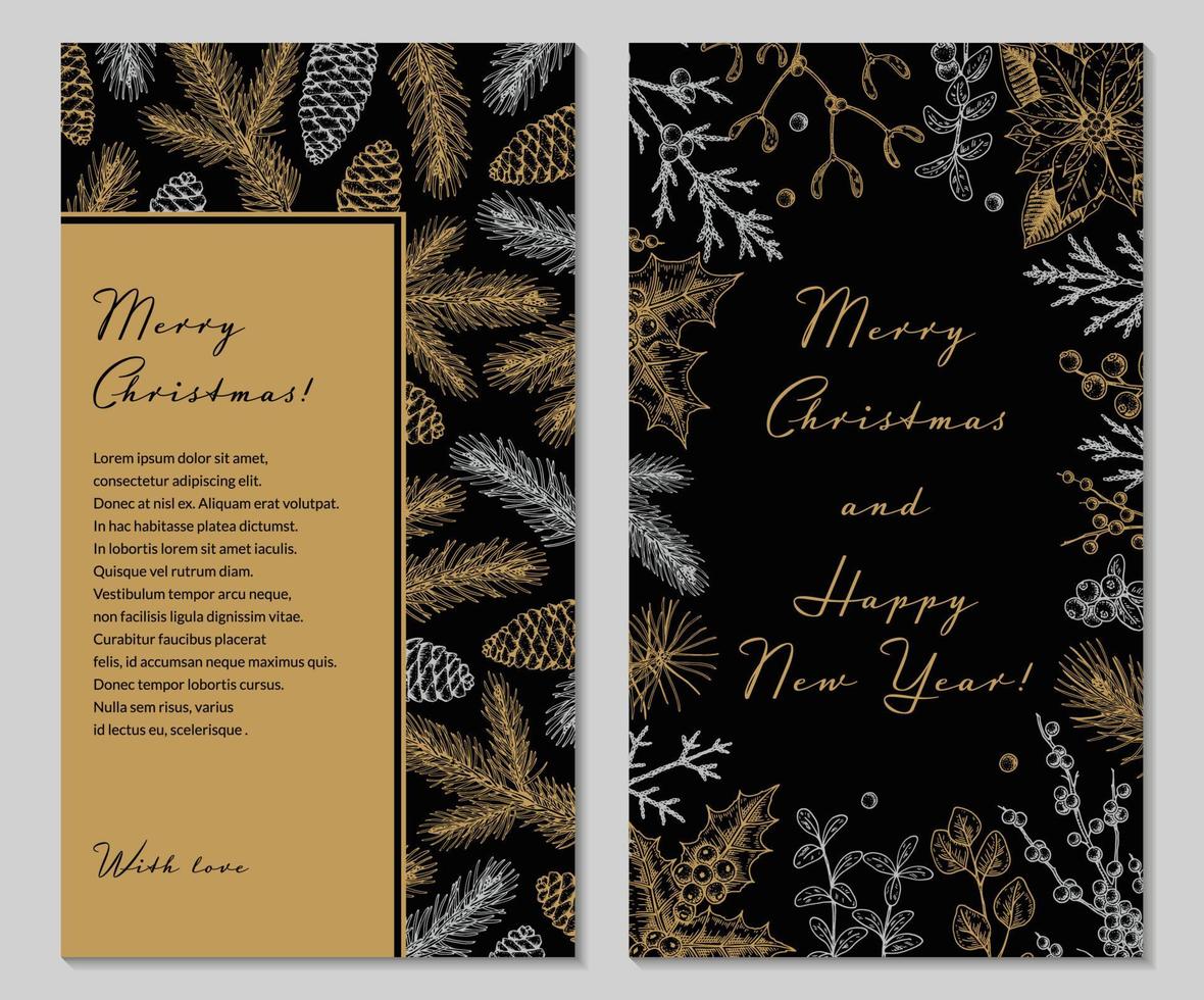 tarjeta de felicitación vertical de feliz navidad y feliz año nuevo de dos lados con elemento botánico dorado dibujado a mano. ilustración vectorial en estilo boceto. fondos festivos. plantillas de historias de redes sociales vector