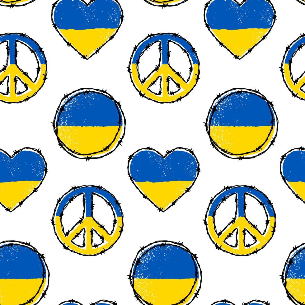 Ukraine symbols textured seamless pattern. Background in Ukrainian flag yellow and blue colors. Vector illustration