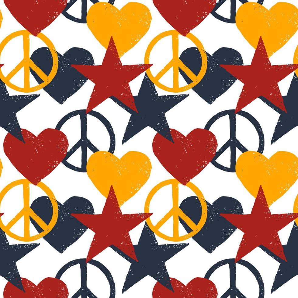 Textured seamless pattern with stars, peace sign and hearts. Vector illustration in sketch style