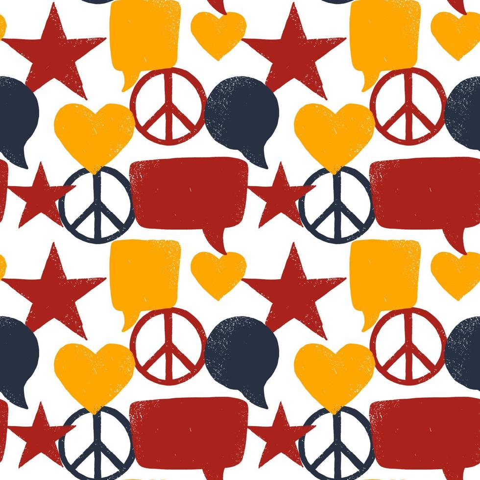 Textured seamless pattern with stars, peace sign and hearts. Vector illustration in sketch style