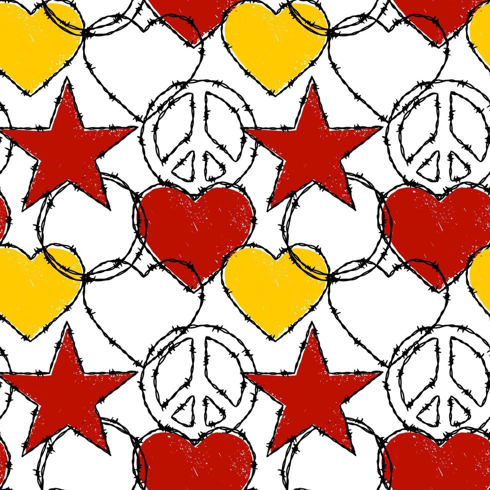 Barbwire seamless pattern with hearts and peace sign. Hand drawn vector illustration in sketch style.