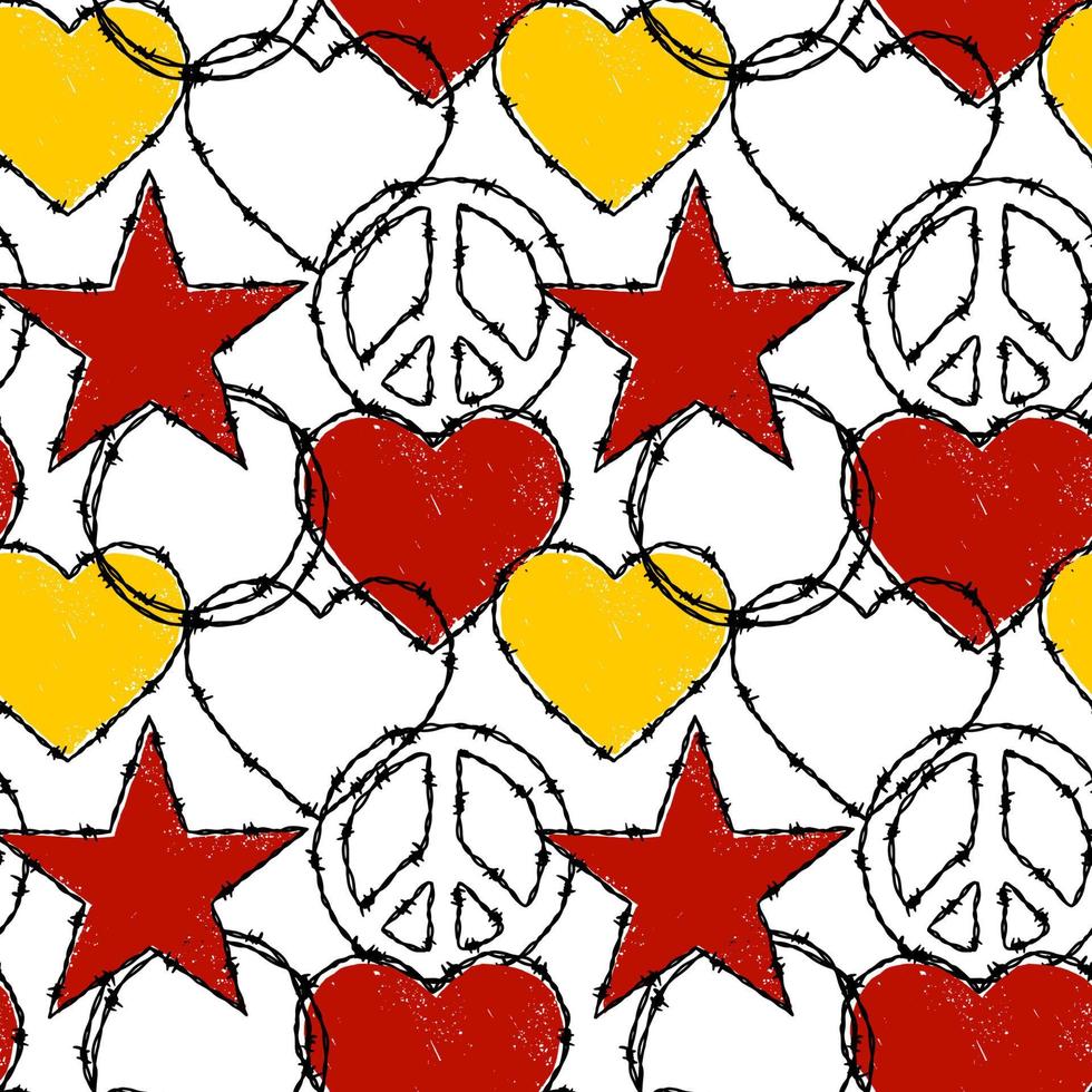 Barbwire seamless pattern with hearts and peace sign. Hand drawn vector illustration in sketch style.