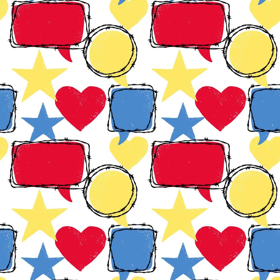 Textured seamless pattern with stars, hearts and speech bubbles. Vector illustration in sketch style