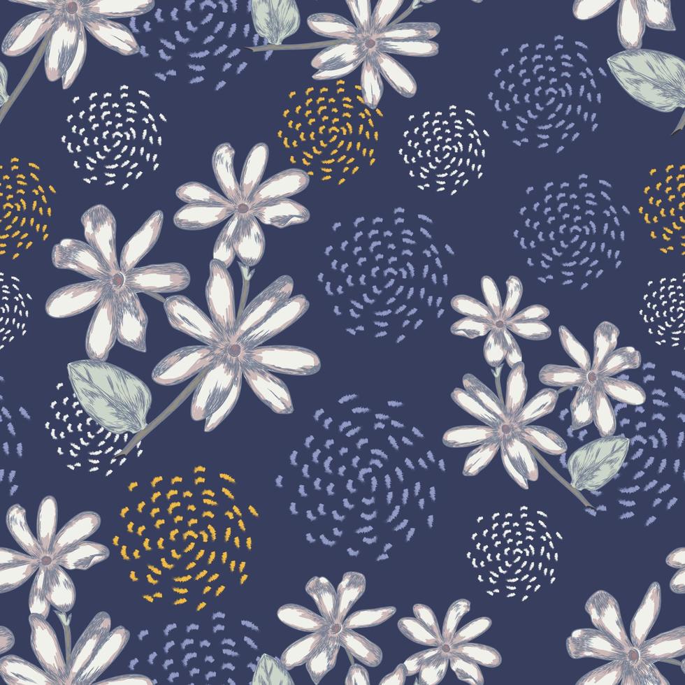 flower seamless pattern with abstract ornament on navy blue color background. Pattern for paper, cover, fabric, textile, decoration background etc vector