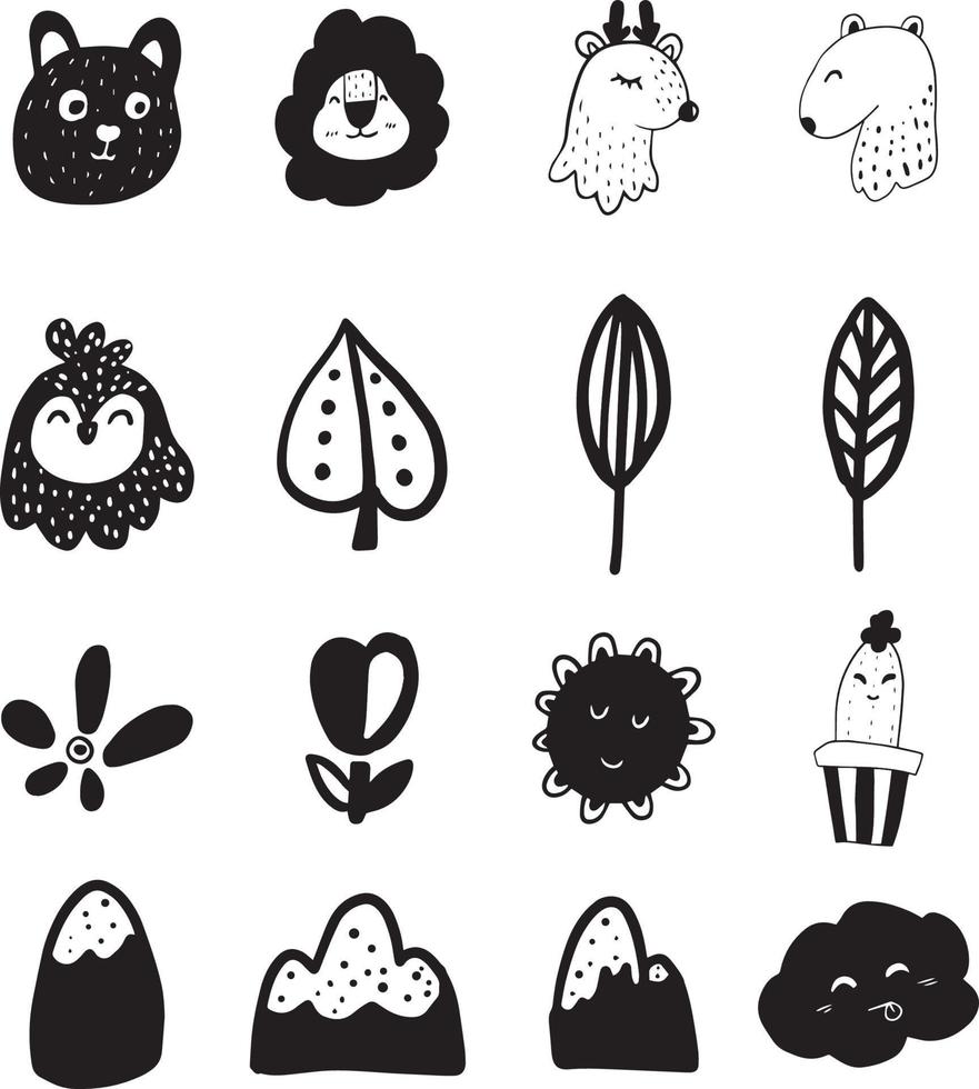 Set of hand drawn forest elements isolated on white background. Black ink line art. Doodle Elements. vector