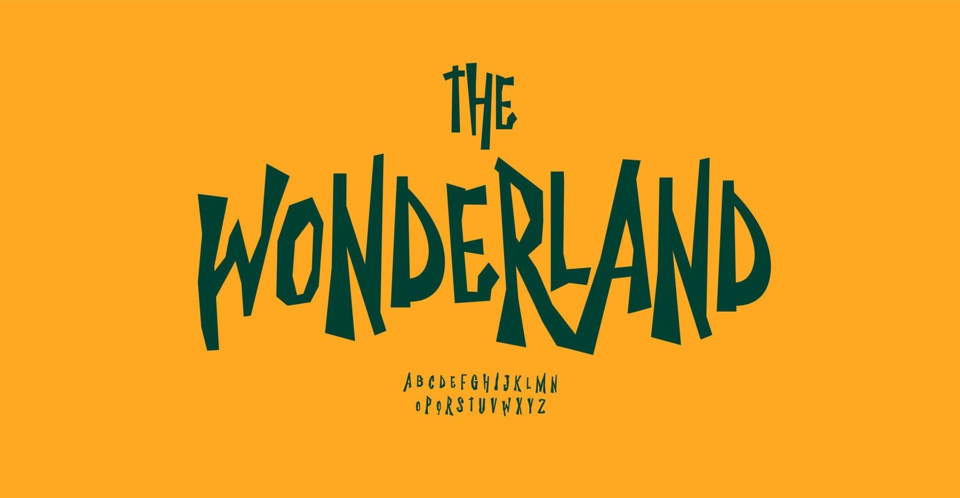 Wonderland font, high uneven rough typeset, Halloween alphabet, crooked jumpy letters, witch style type, vector cartoon typographic design.