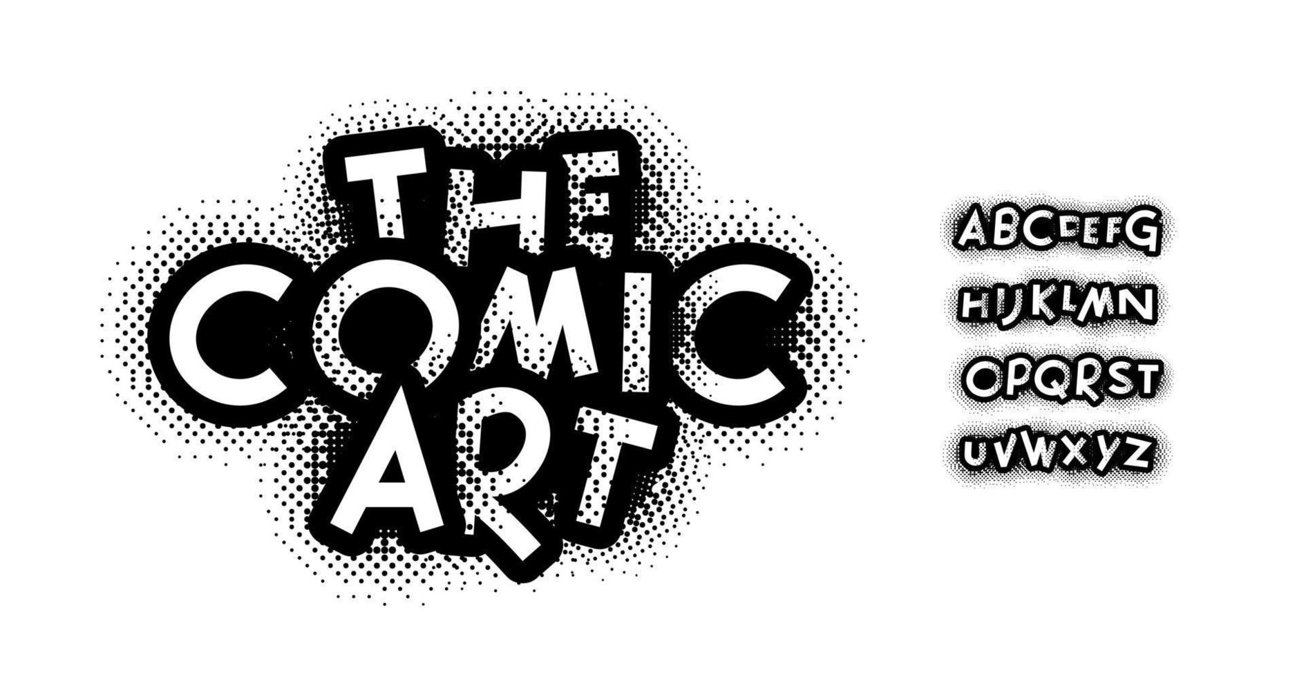 Comic book font alphabet letters. Funny Pop art typography. Cartoon typographic design. Black and white joyful letter set with halftone shadows for comic balloon speech. Isolated vector typeset.