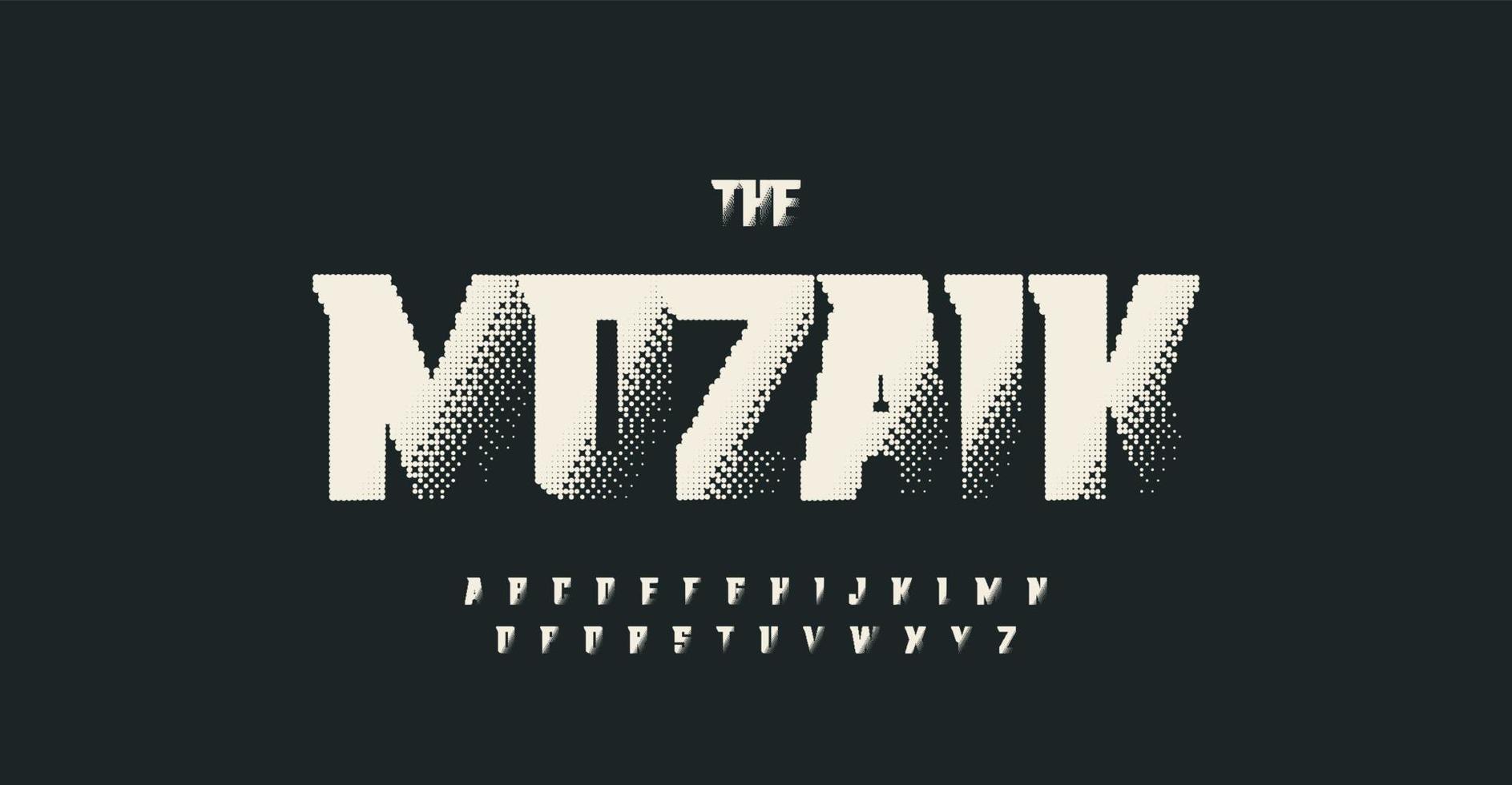 Blackout halftone alphabet, fat high unusual font with acute serifs, square mosaic letters for futuristic logo and headline. Vector typographic design.