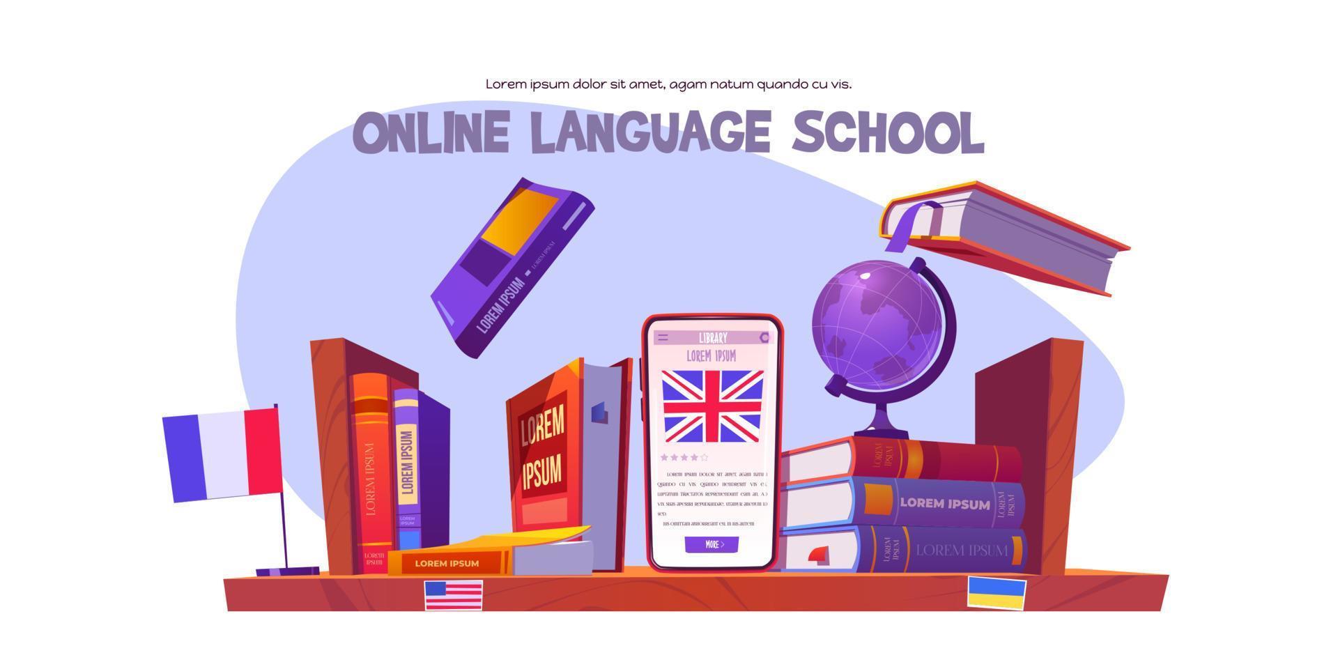 banner de la escuela de idiomas en línea, estudio a distancia vector